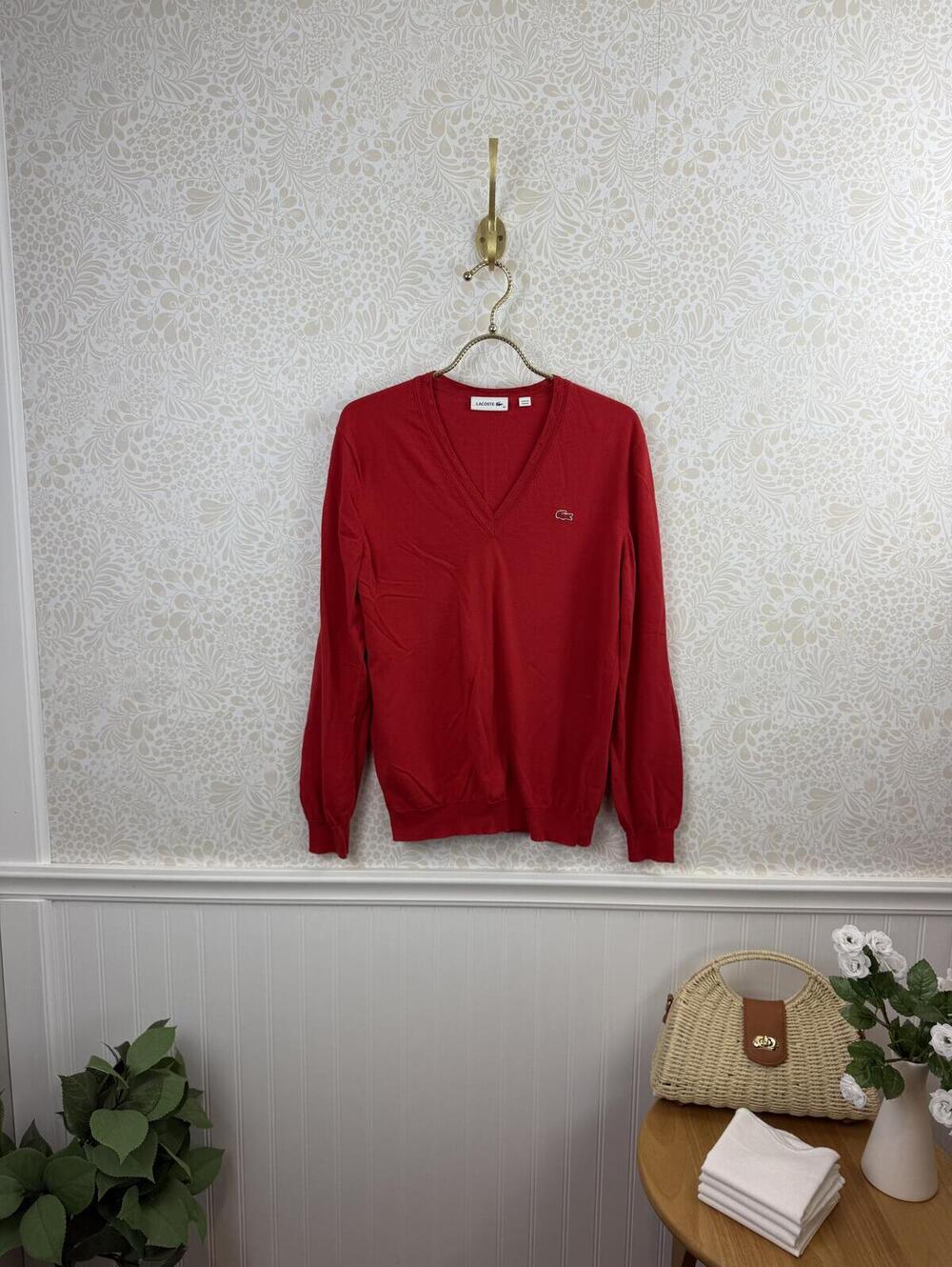 Lacoste Men's 100% Cotton Classic Red V-Neck Sweater - Size - EU 42